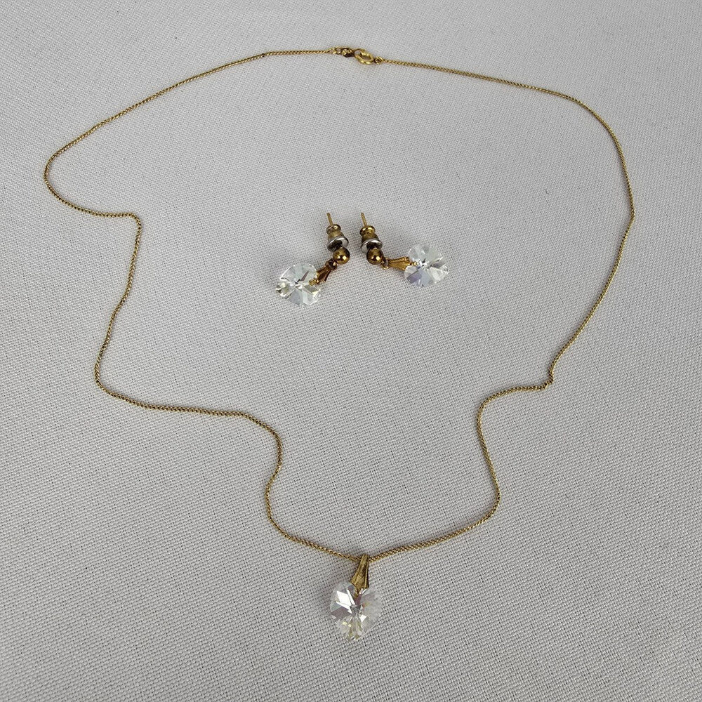 Vintage Gold Fill Faceted Crystal Heart Pendant Necklace & Earring Set